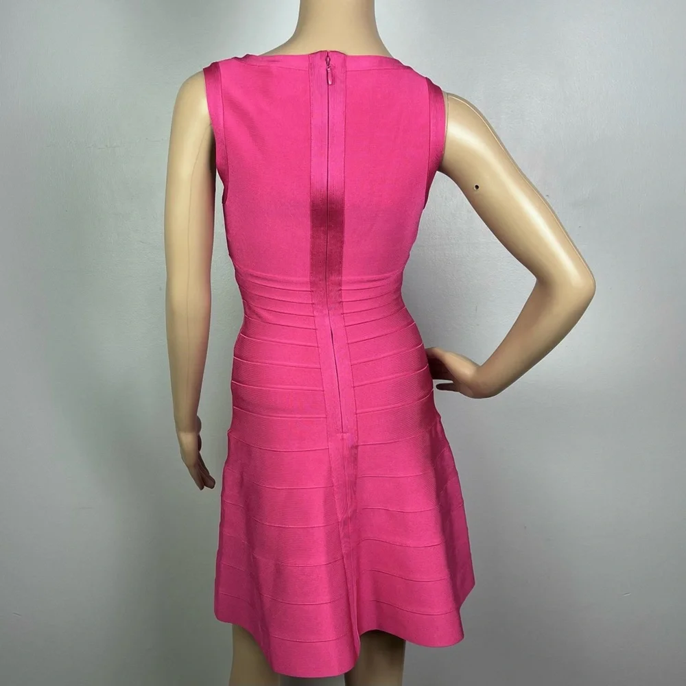 NEW HERVE LEGER PINK BANDAGE FIT AND FLARE MINI DRESS - Picture 7 of 10